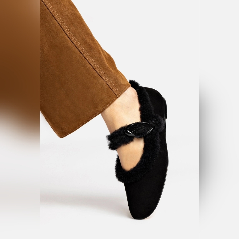 Larroudé Verona Ballet Flat In Black Suede And Black Shearling